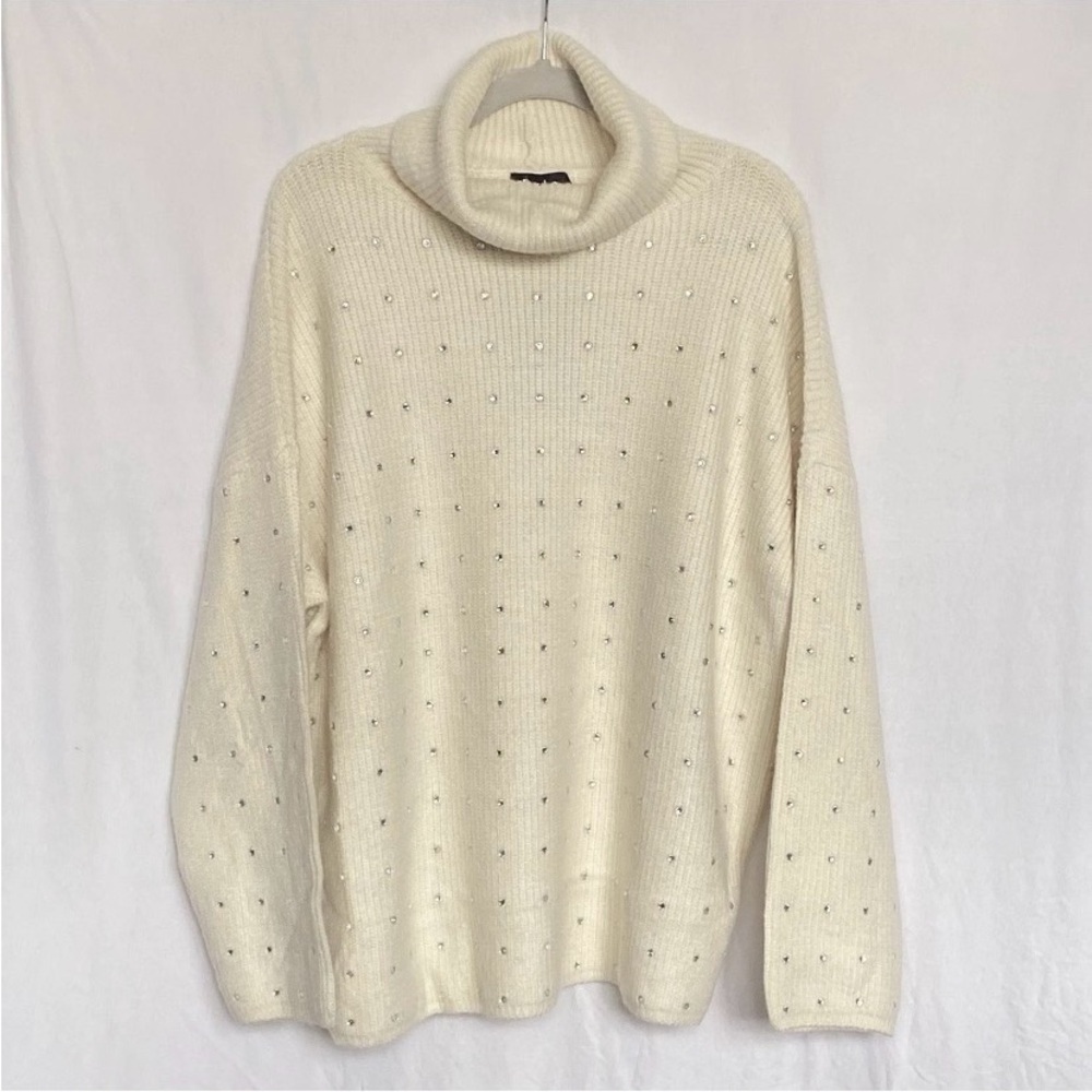 FATE Curve Rhinestone Turtleneck Sweater Ivory Cream Womens Plus Size 2X NWT